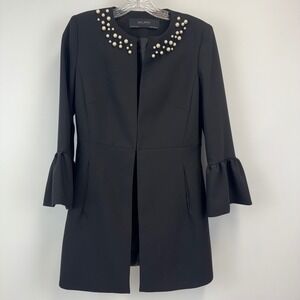 Zara Basic Black Pearl Embellished Bell Sleeve Open Front Coat Jacket Womens M
